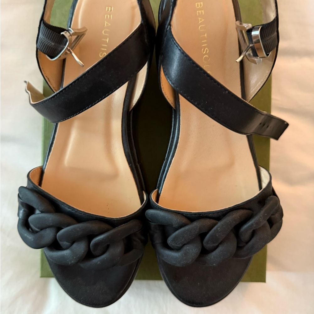 Black Chain Detail Platform Leather Sandals